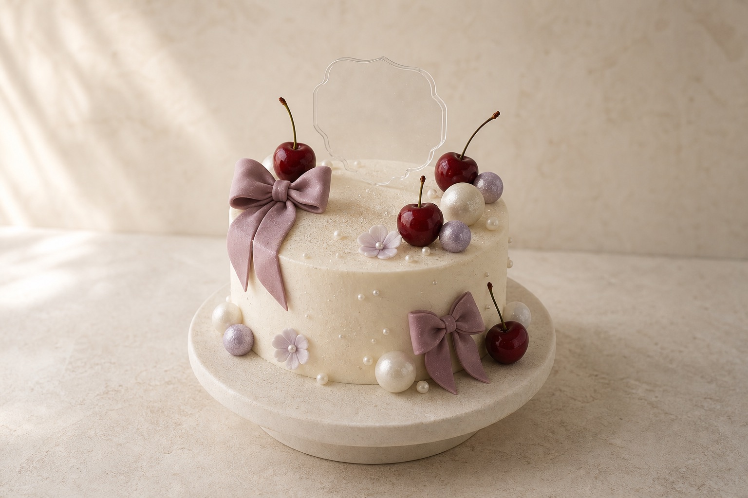Buttercream cake displaying bows, pearls, cherries, flowers, and a topper
