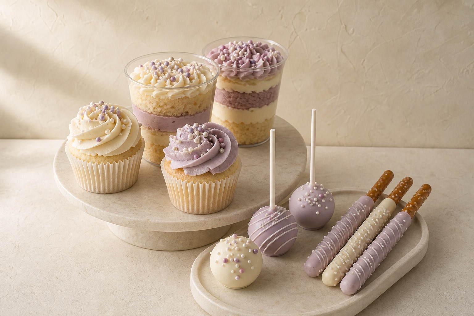 Coordinated cupcakes, cake cups, cake pops, and pretzel rods