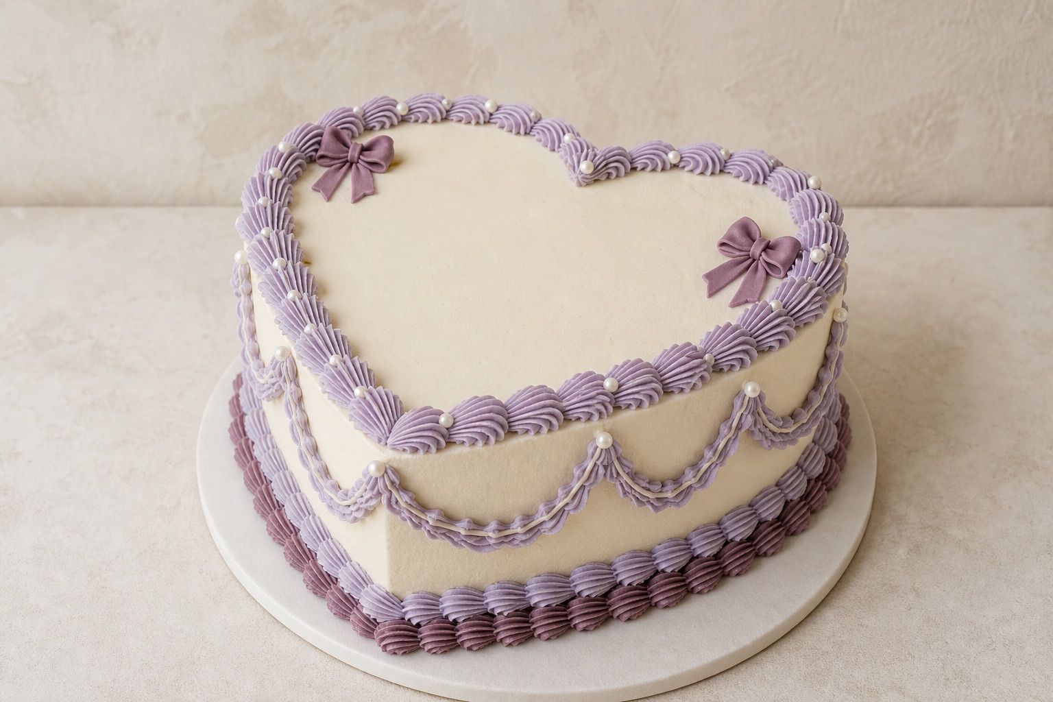 Lavender and ivory heart-shaped buttercream cake