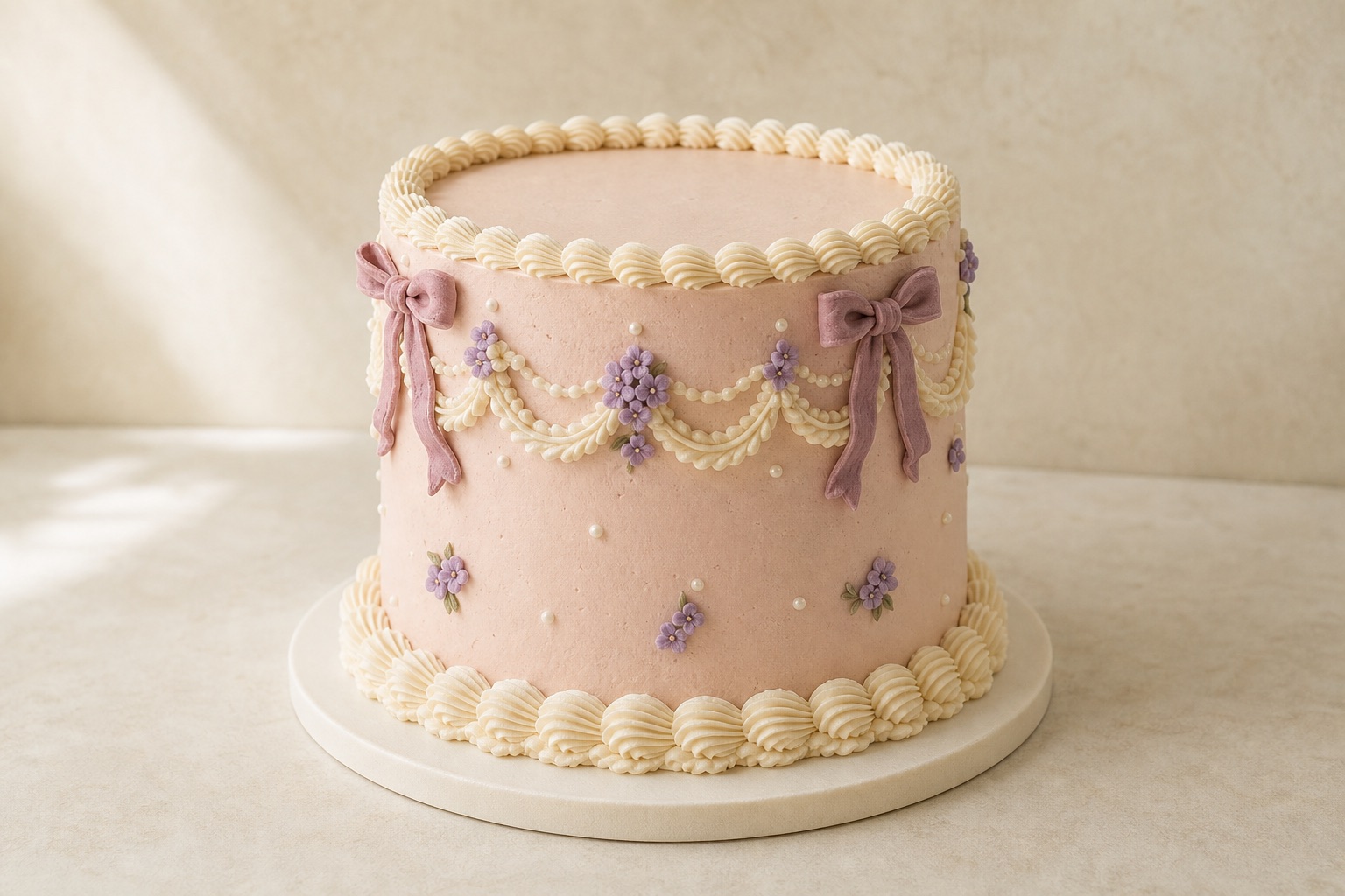 Blush round buttercream cake with vintage piping