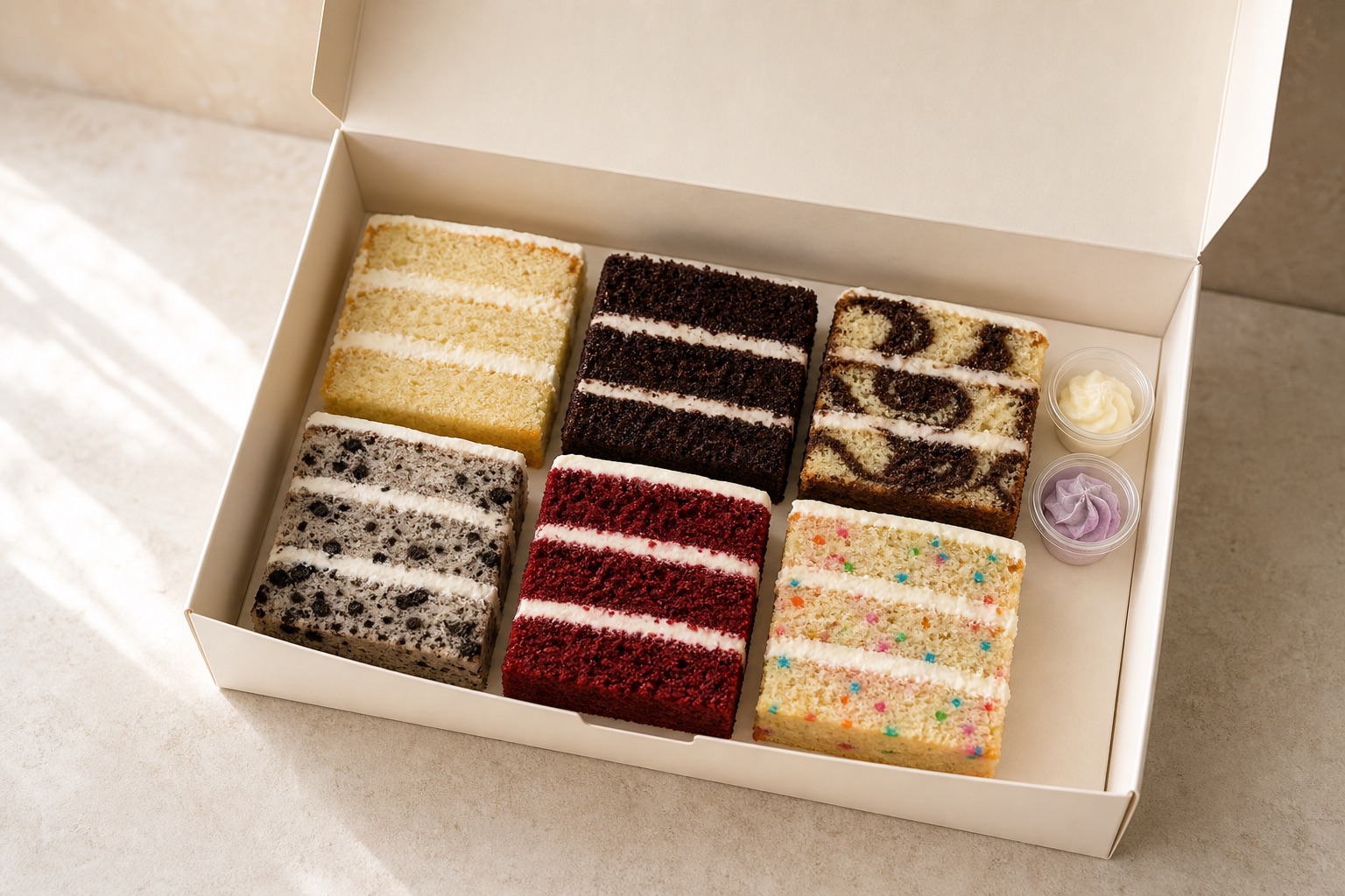 Open cake tasting box with six assorted slices