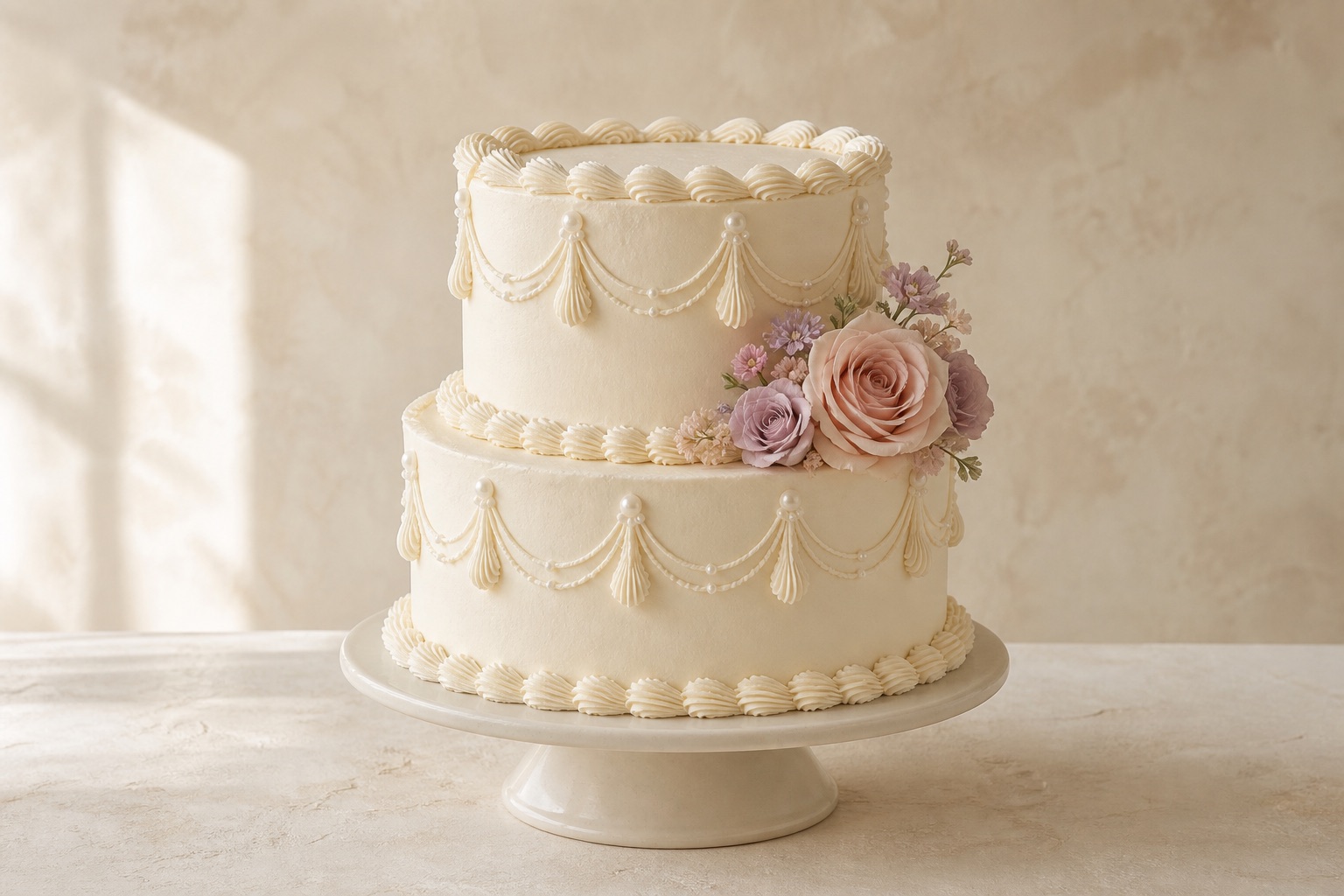 Ivory two-tier buttercream cake with floral details